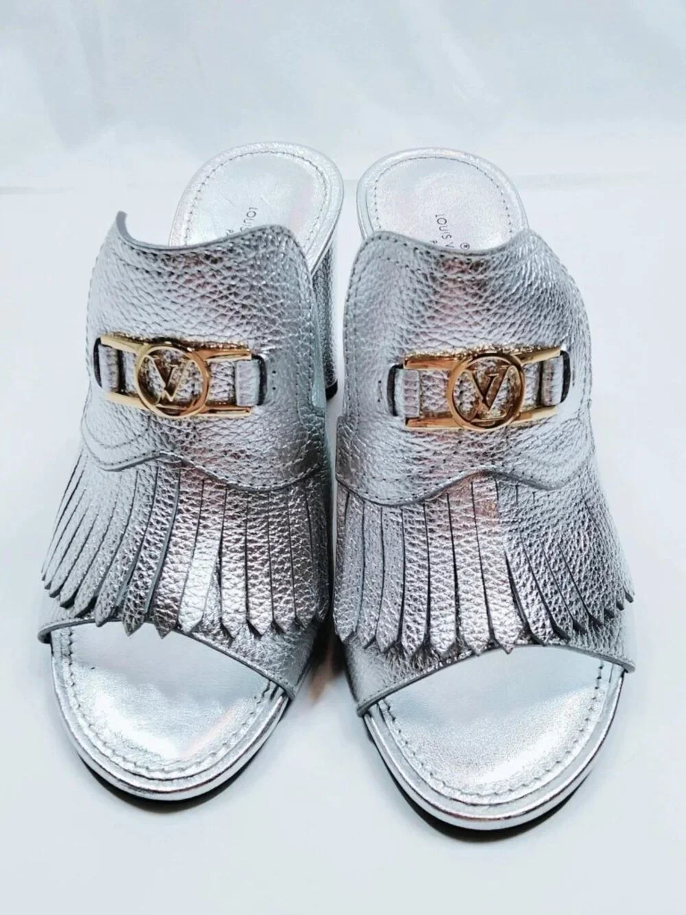 Authentic Louis Vuitton Silver Metallic Leather Fringe Mule Sandals Block Heels
